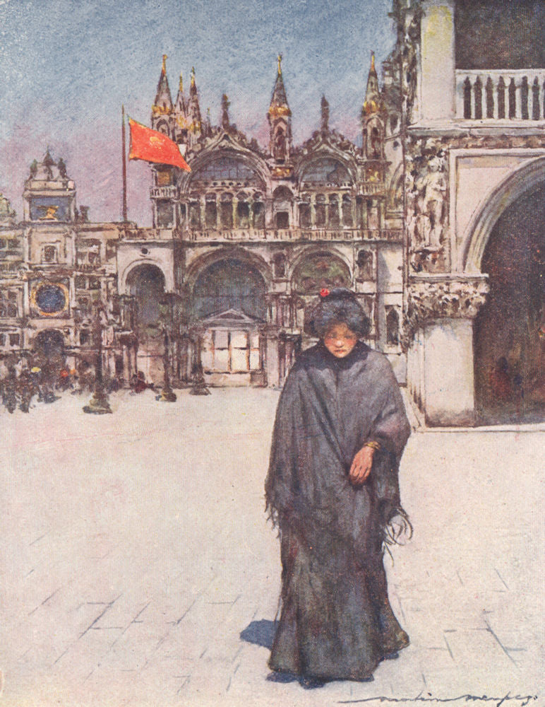 'Crossing the Piazza of St. Mark' by Mortimer Menpes. Venice 1916 old print